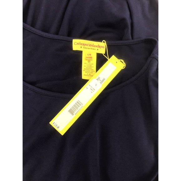 Catherine Maladrino Midi Sheath Dress L Cap Sleeve Embroidery Navy Blue Stretchy - Picture 8 of 9